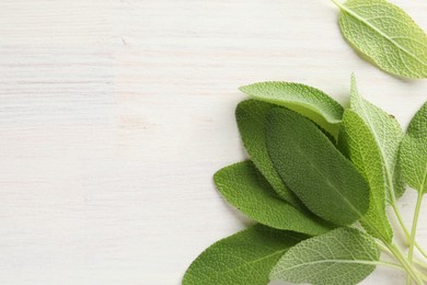 Photo of Fresh sage leaves on light wooden table, top view. Space for text