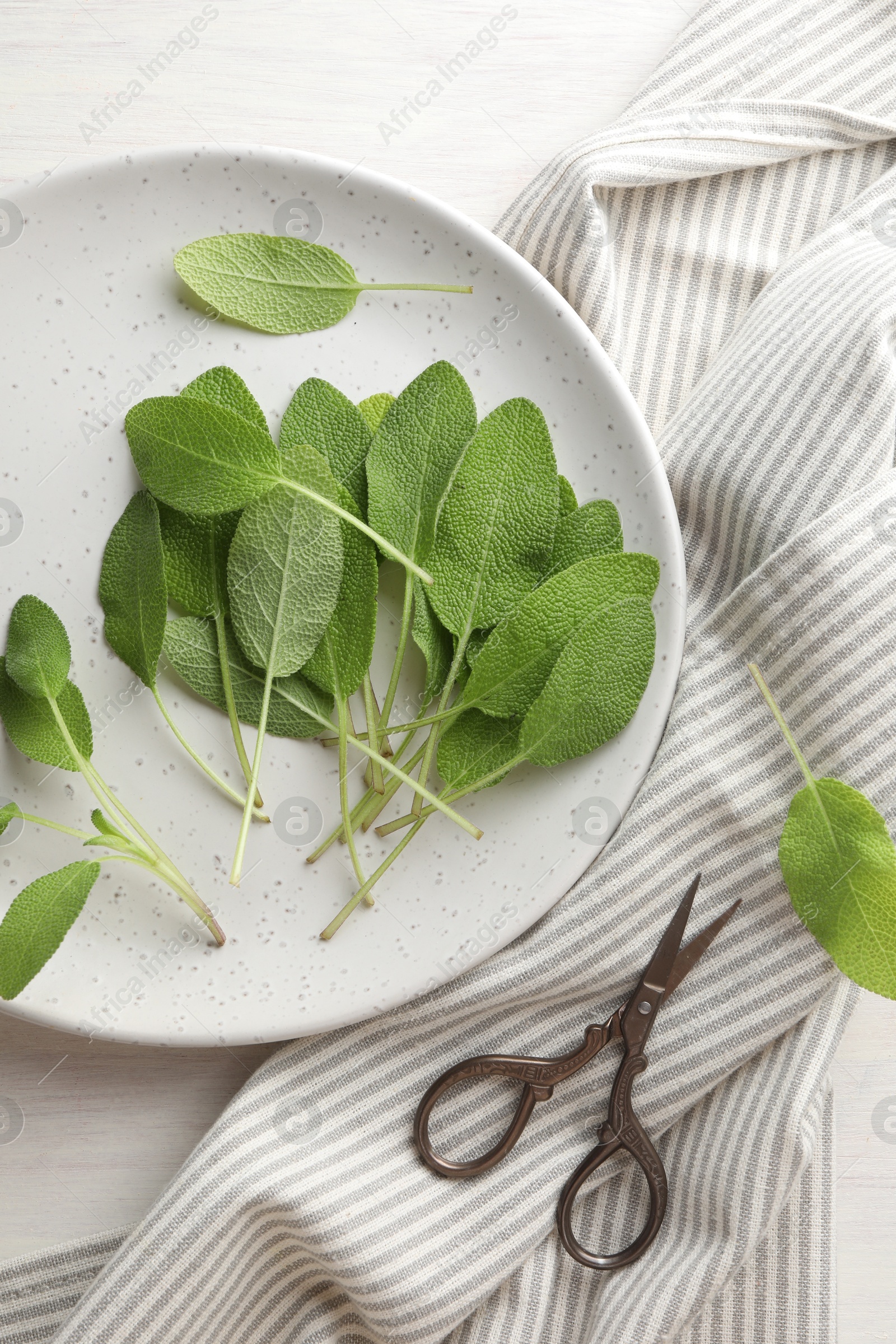 Photo of Fresh sage leaves and scissors on light wooden table, flat lay