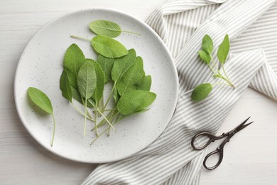 Photo of Fresh sage leaves, scissors and napkin on light wooden table, flat lay