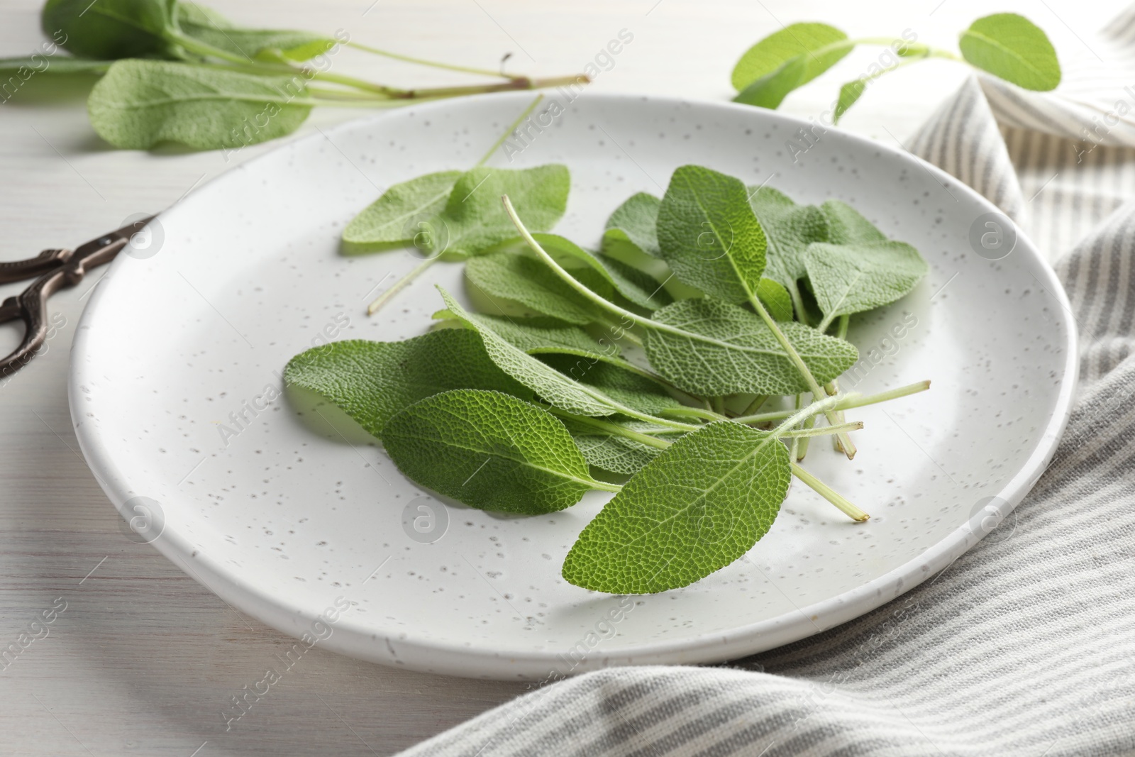 Photo of Fresh sage leaves on light wooden table, closeup