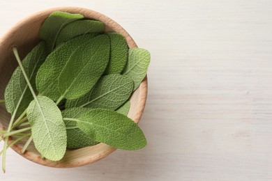 Photo of Fresh sage leaves in bowl on light wooden table, top view. Space for text