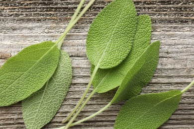 Photo of Fresh sage leaves on wooden table, top view