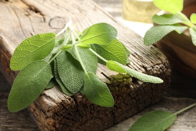 Photo of Fresh sage leaves on wooden table, closeup