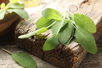 Photo of Fresh sage leaves on wooden table, closeup