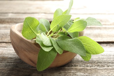 Photo of Fresh sage leaves in bowl on wooden table, closeup