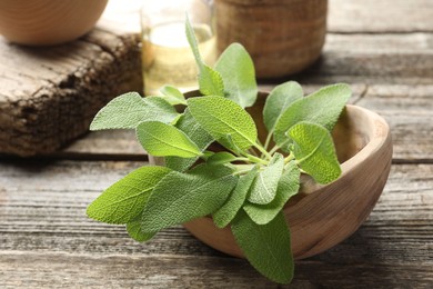 Photo of Fresh sage leaves in bowl on wooden table, closeup