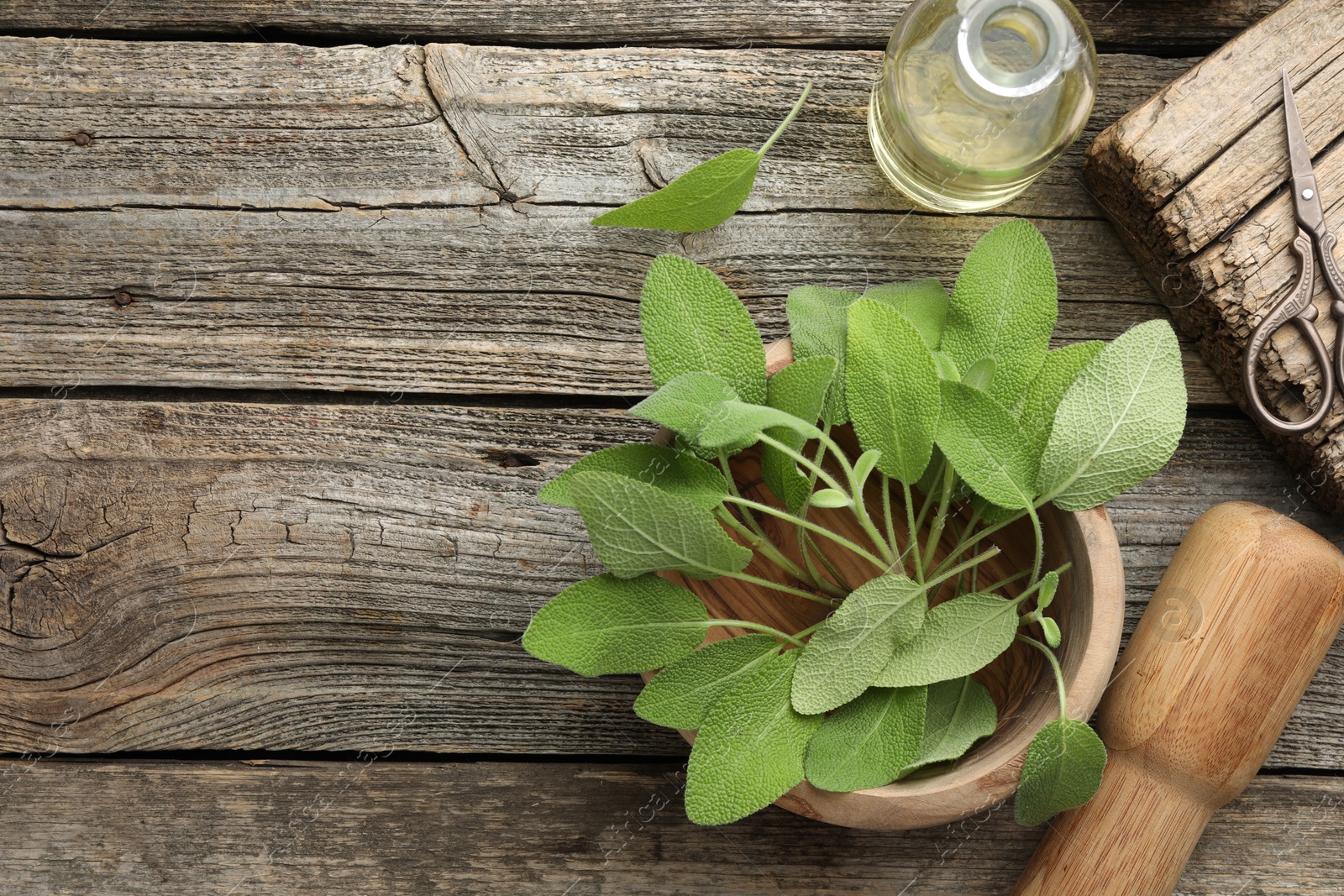 Photo of Fresh sage leaves, mortar, pestle, bottle of oil and scissors on wooden table, flat lay. Space for text