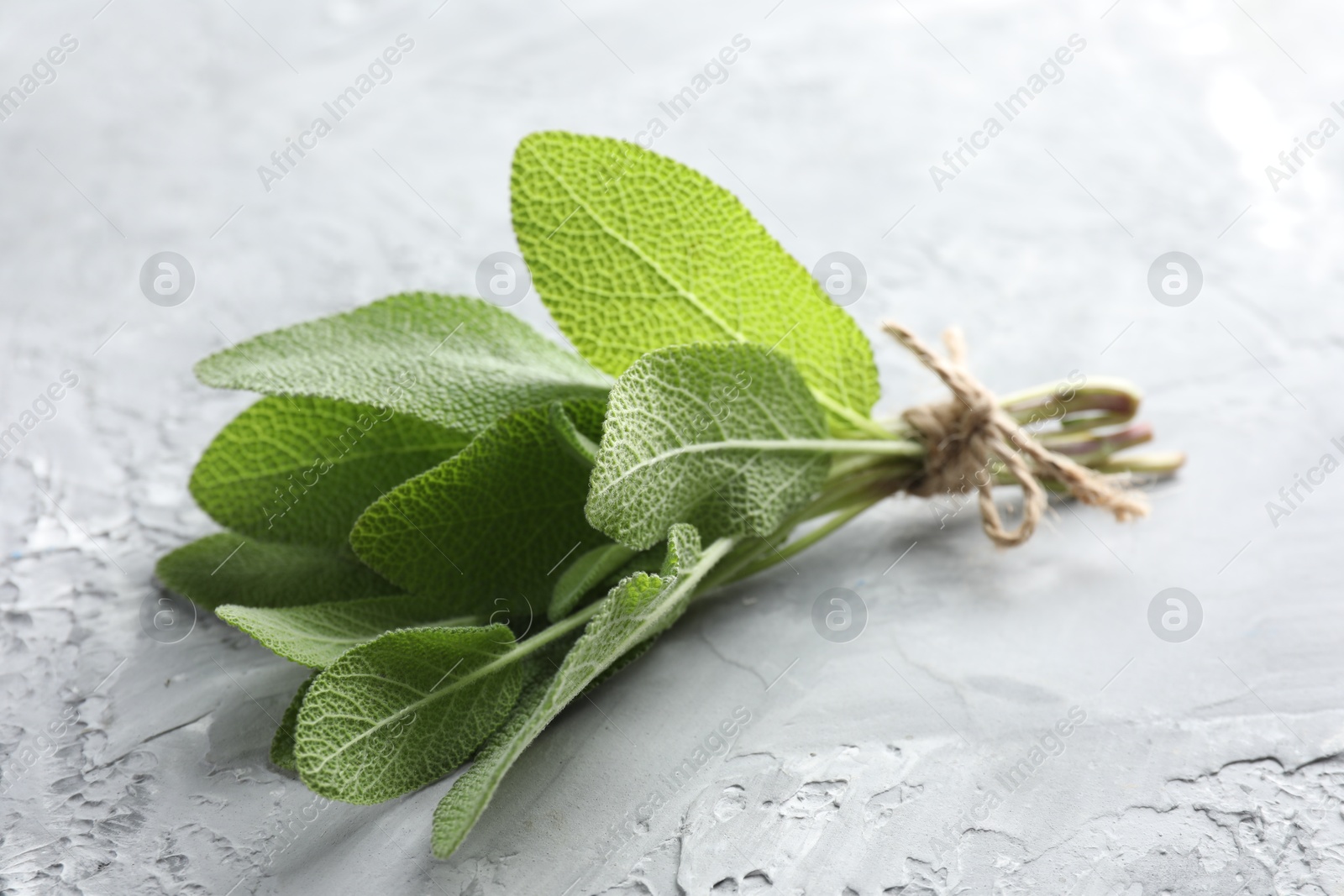 Photo of Bunch of fresh sage leaves on gray textured table, closeup