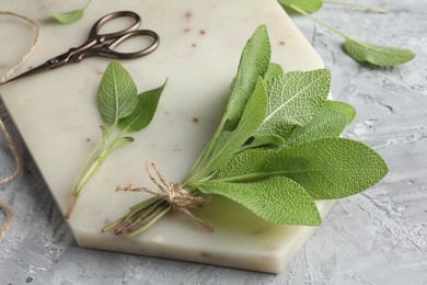 Photo of Bunch of fresh sage leaves and scissors on gray textured table, closeup