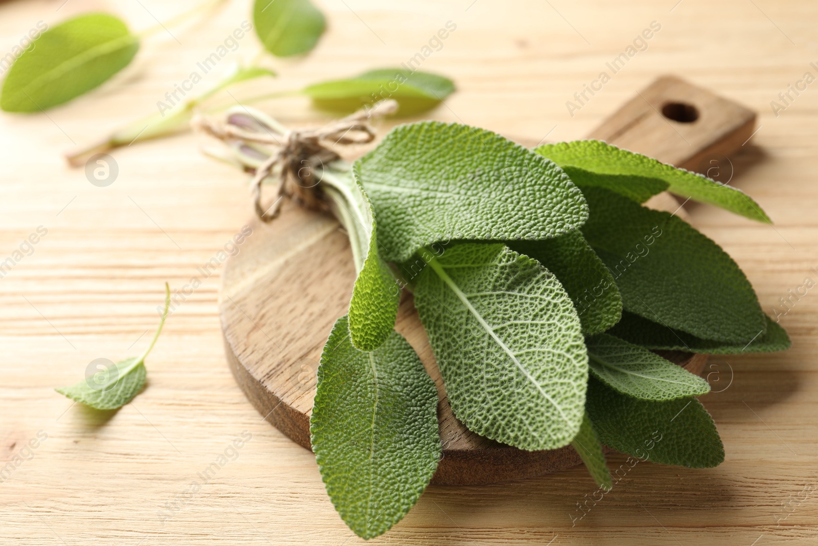 Photo of Bunch of fresh sage leaves on wooden table, closeup