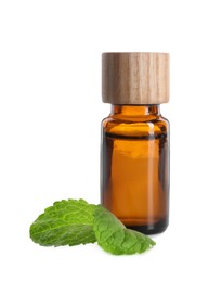 Bottle of essential oil and mint isolated on white