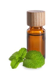 Bottle of essential oil and mint isolated on white