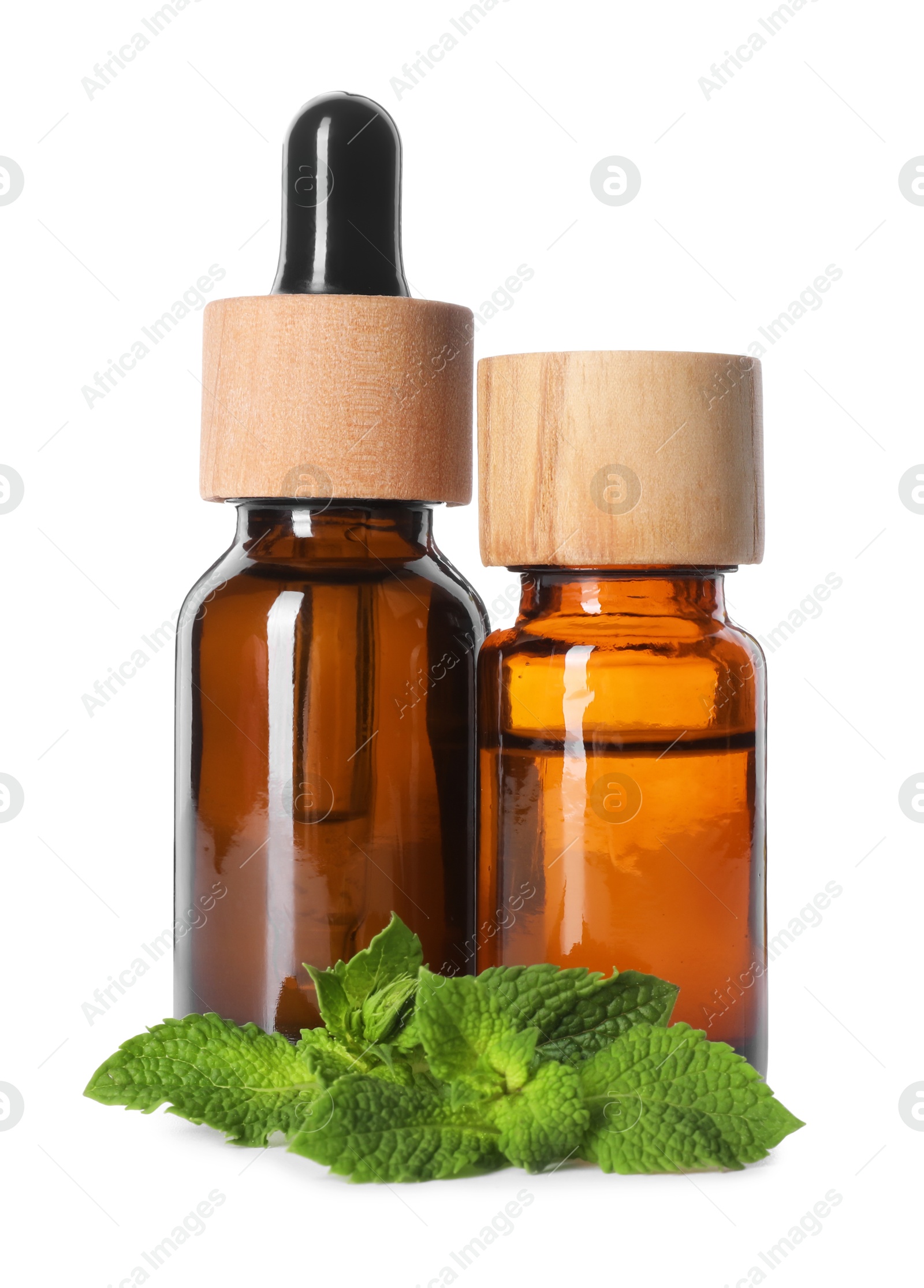 Photo of Bottles of essential oils and mint isolated on white