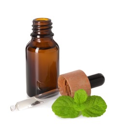 Photo of Bottle of essential oil, dropper and mint isolated on white