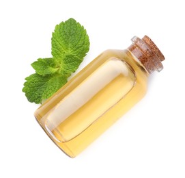 Photo of Bottle of essential oil and mint isolated on white, top view