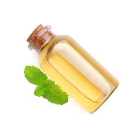 Bottle of essential oil and mint isolated on white, top view