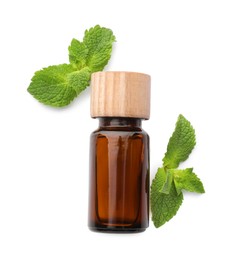 Photo of Bottle of essential oil and mint isolated on white, top view