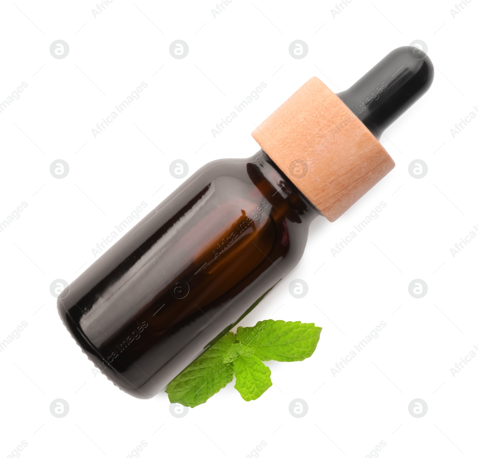 Photo of Bottle of essential oil and mint isolated on white, top view