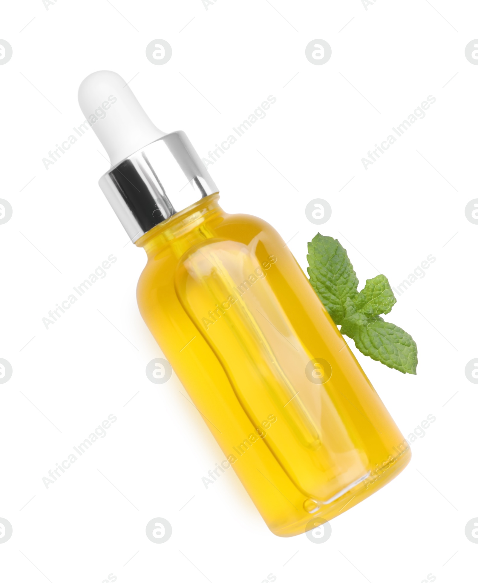 Photo of Bottle of essential oil and mint isolated on white, top view