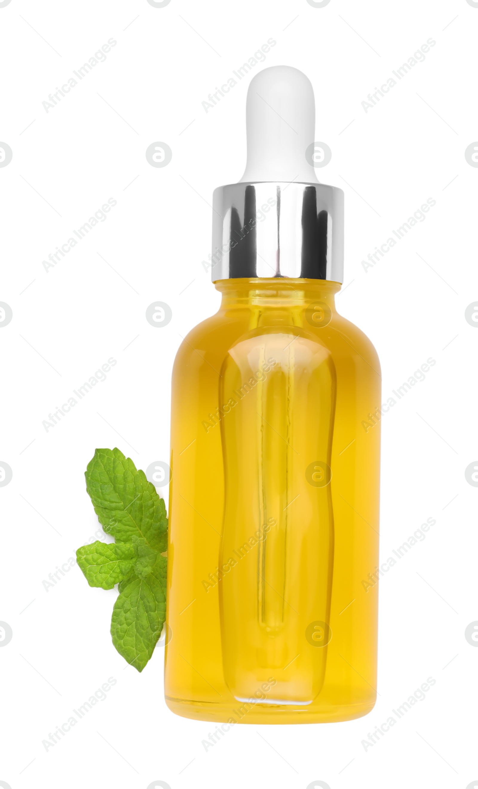 Photo of Bottle of essential oil and mint isolated on white, top view