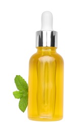 Photo of Bottle of essential oil and mint isolated on white, top view