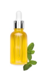 Photo of Bottle of essential oil and mint isolated on white, top view