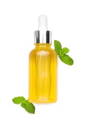 Bottle of essential oil and mint isolated on white, top view