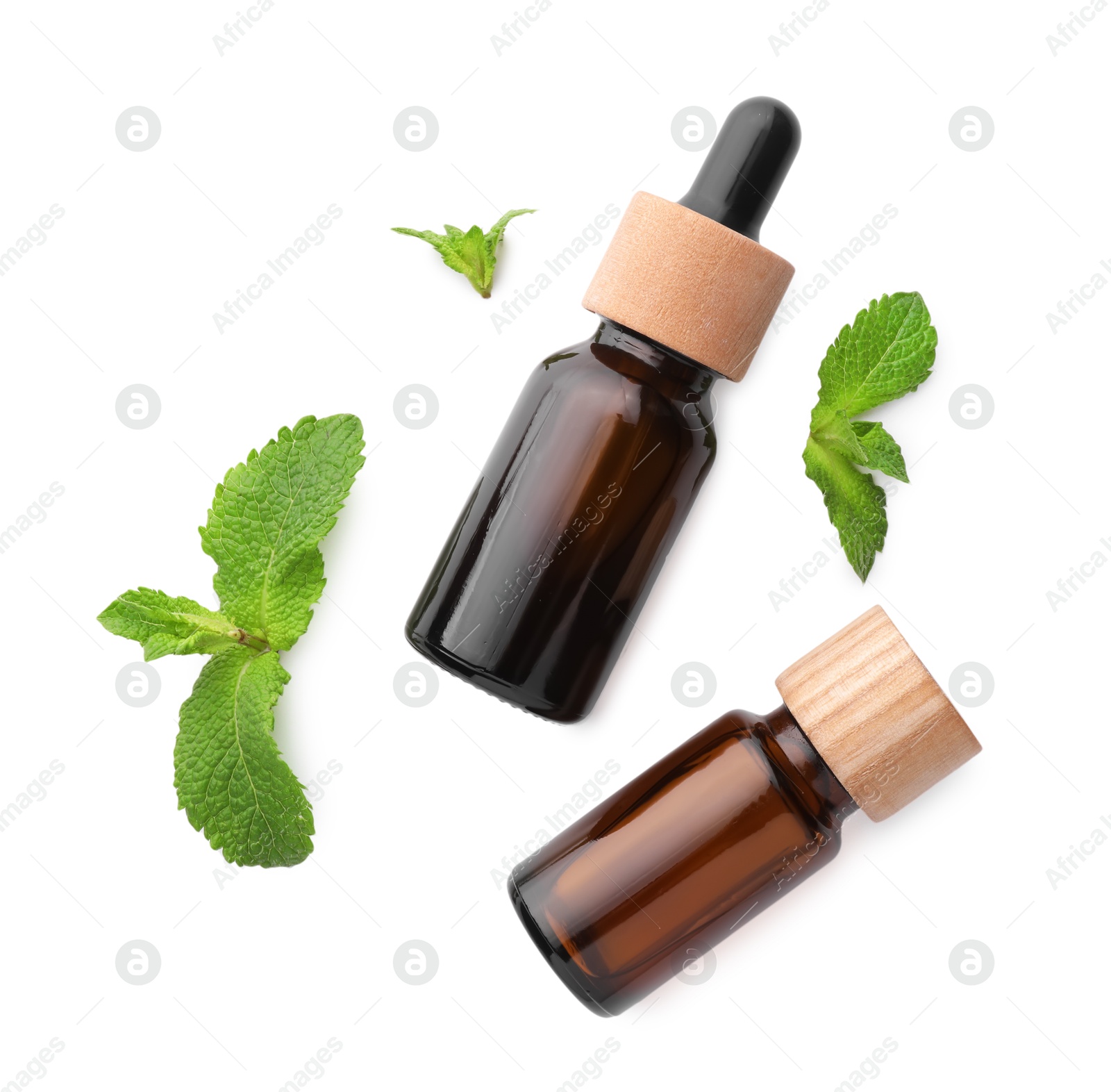 Photo of Bottles of essential oils and mint isolated on white, top view