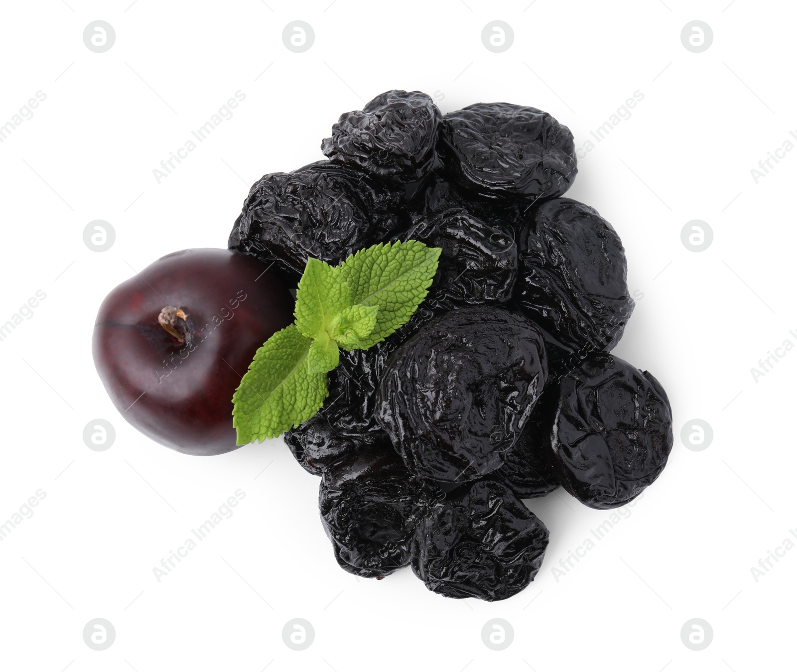 Photo of Delicious prunes, fresh ripe plums and mint isolated on white, top view