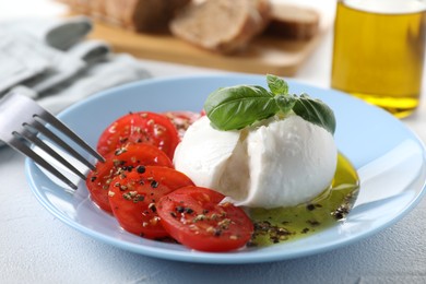 Delicious burrata cheese, tomatoes, basil and bread on white table, closeup