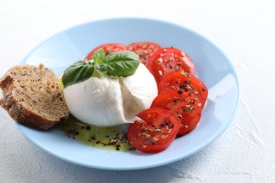 Photo of Delicious burrata cheese, tomatoes, basil and bread on white table, closeup