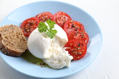 Delicious burrata cheese, tomatoes, parsley and bread on white table, closeup