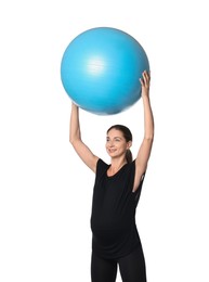 Photo of Beautiful pregnant woman with fitball doing exercises on white background