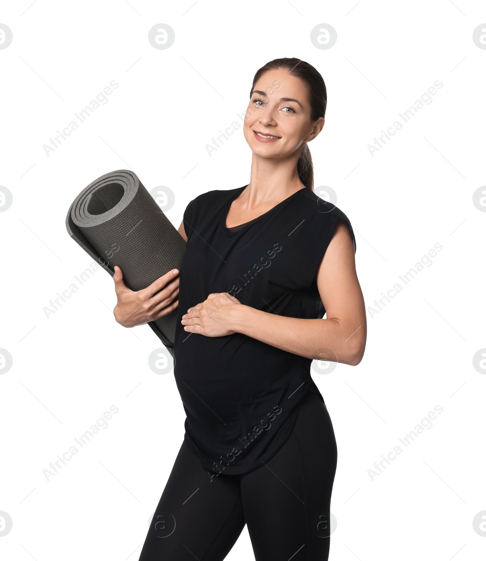 Photo of Beautiful pregnant woman with exercise mat isolated on white