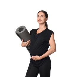 Beautiful pregnant woman with exercise mat isolated on white