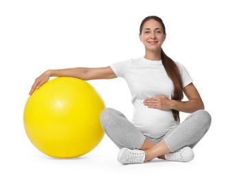 Beautiful pregnant woman with fitball isolated on white