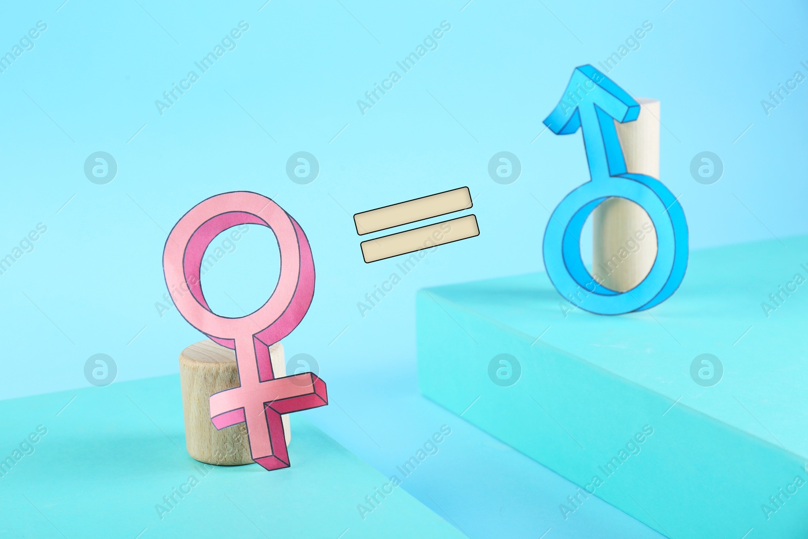 Image of Equals sign between female and male gender symbols on light blue background