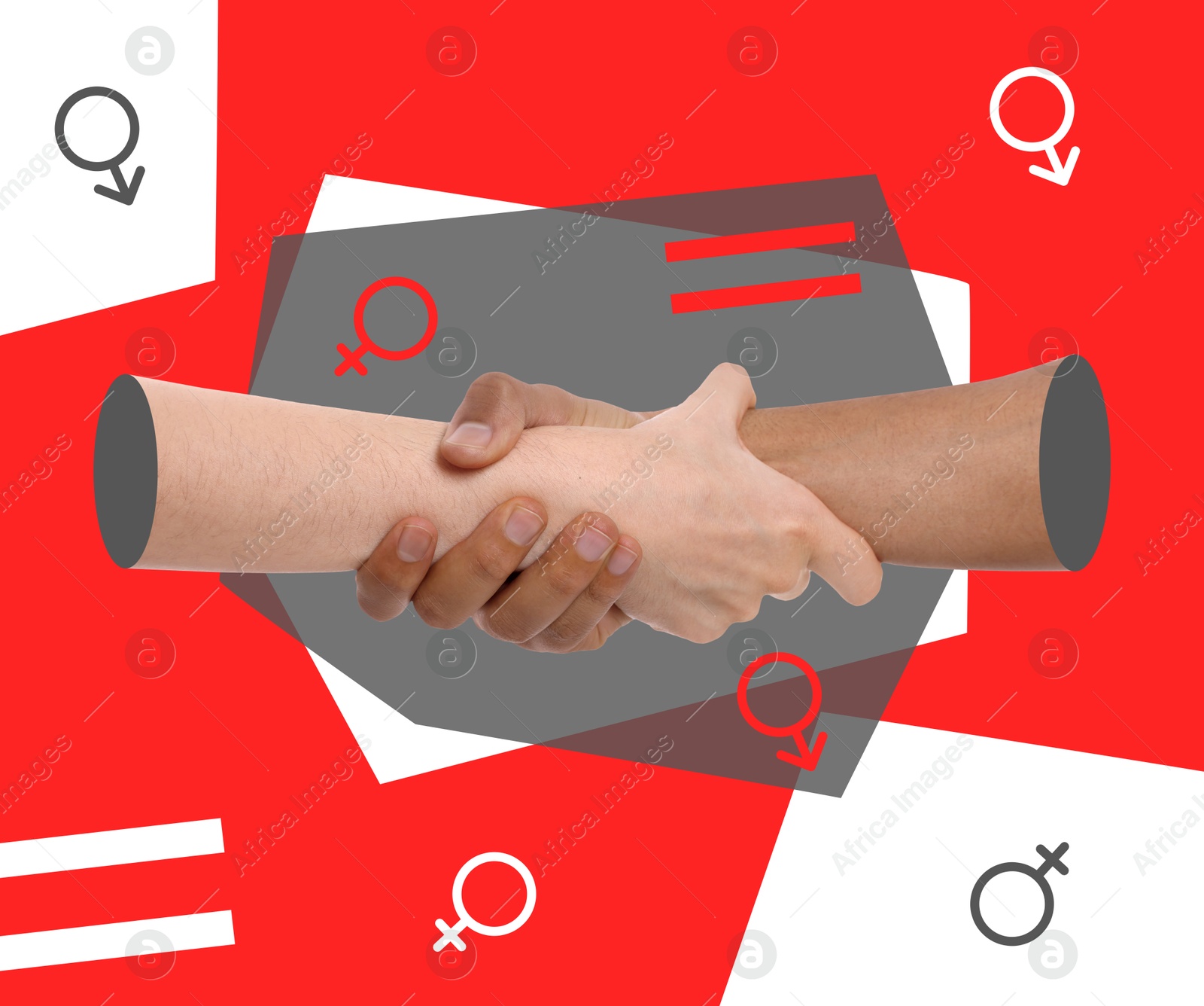 Image of Creative collage about gender equality with man's and woman's hands on color background