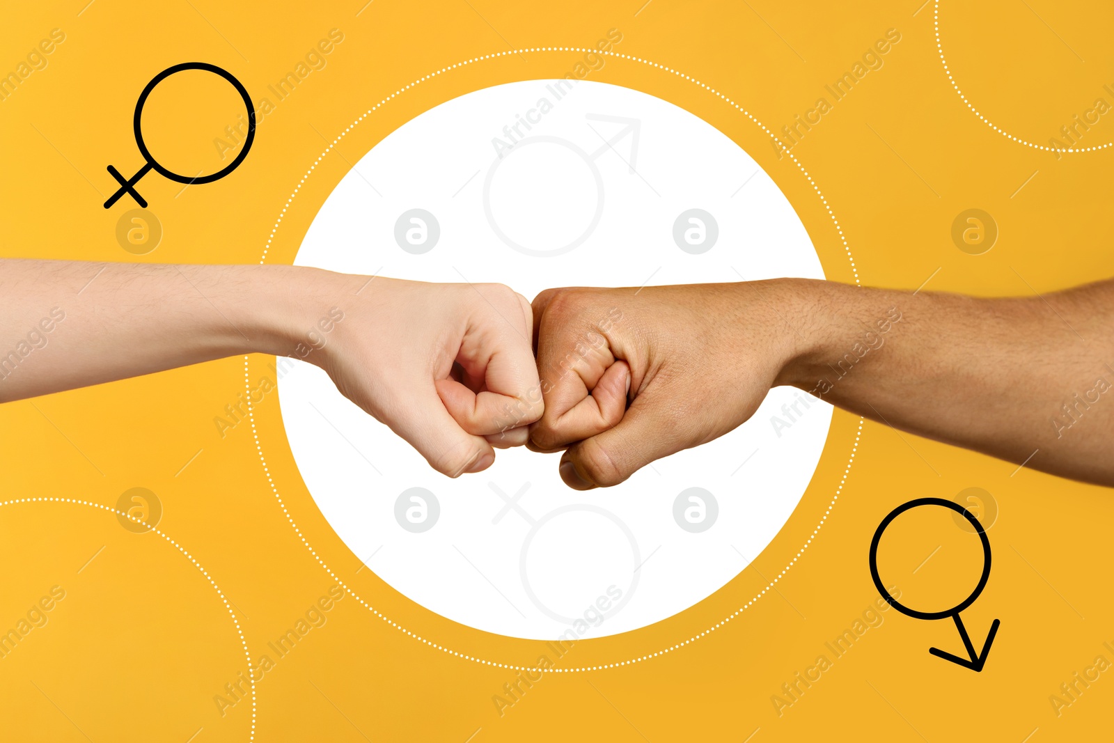 Image of Gender equality concept. Man and woman making fist bump on orange background, closeup