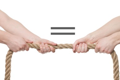 Image of Gender equality concept. Man and woman pulling rope, equals sign between them on white background