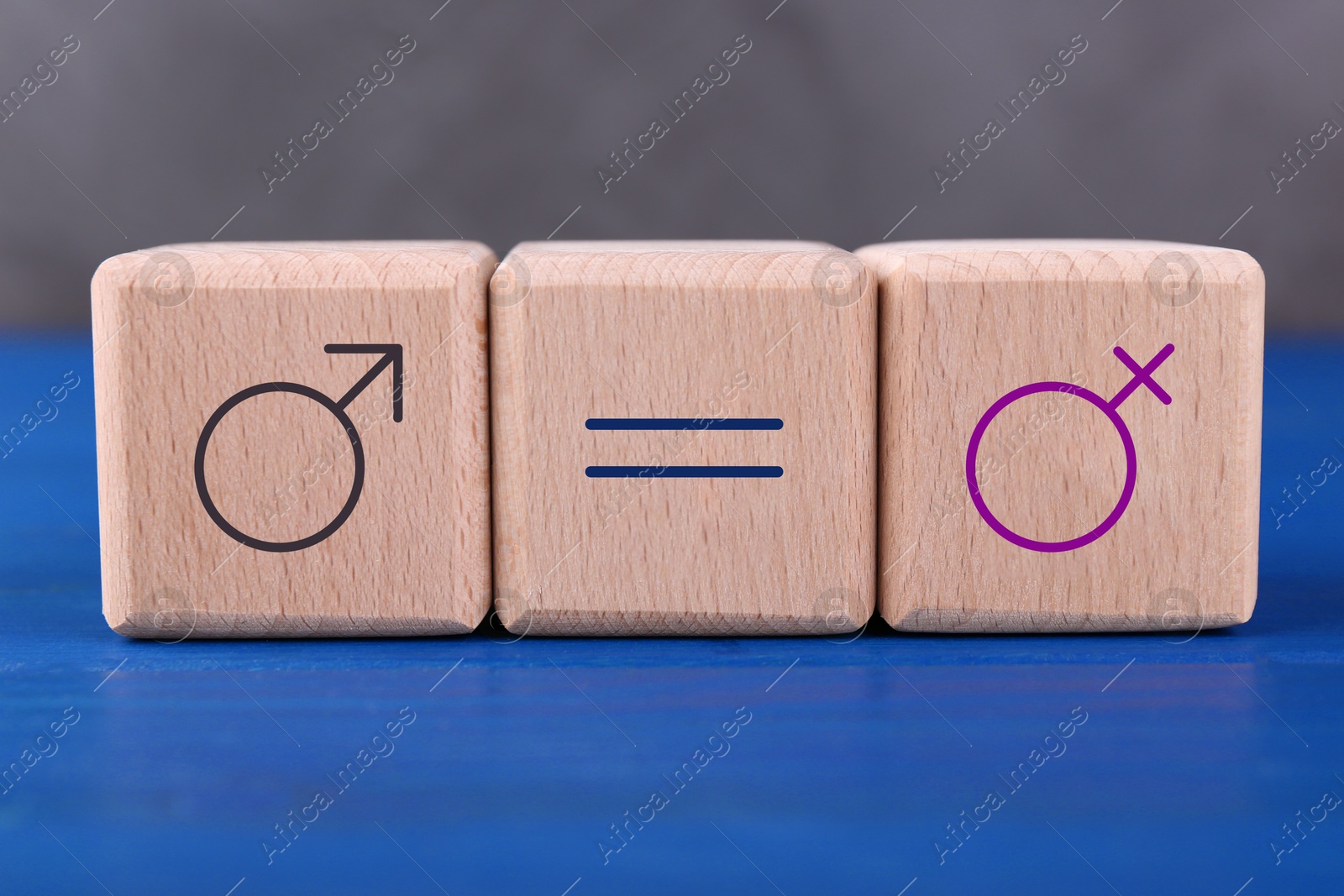 Image of Cube with equals sign between female and male gender symbols on blue wooden table