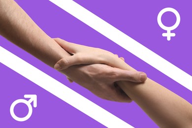 Image of Gender equality concept. Man and woman holding hands, male and female signs on purple background