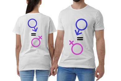 Image of Equation with male and female gender signs on t-shirts. Man and woman wearing clothes with print on white background, closeup