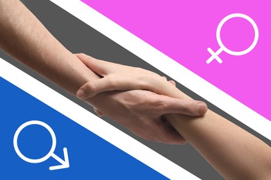 Image of Gender equality concept. Man and woman holding hands, male and female signs on color background