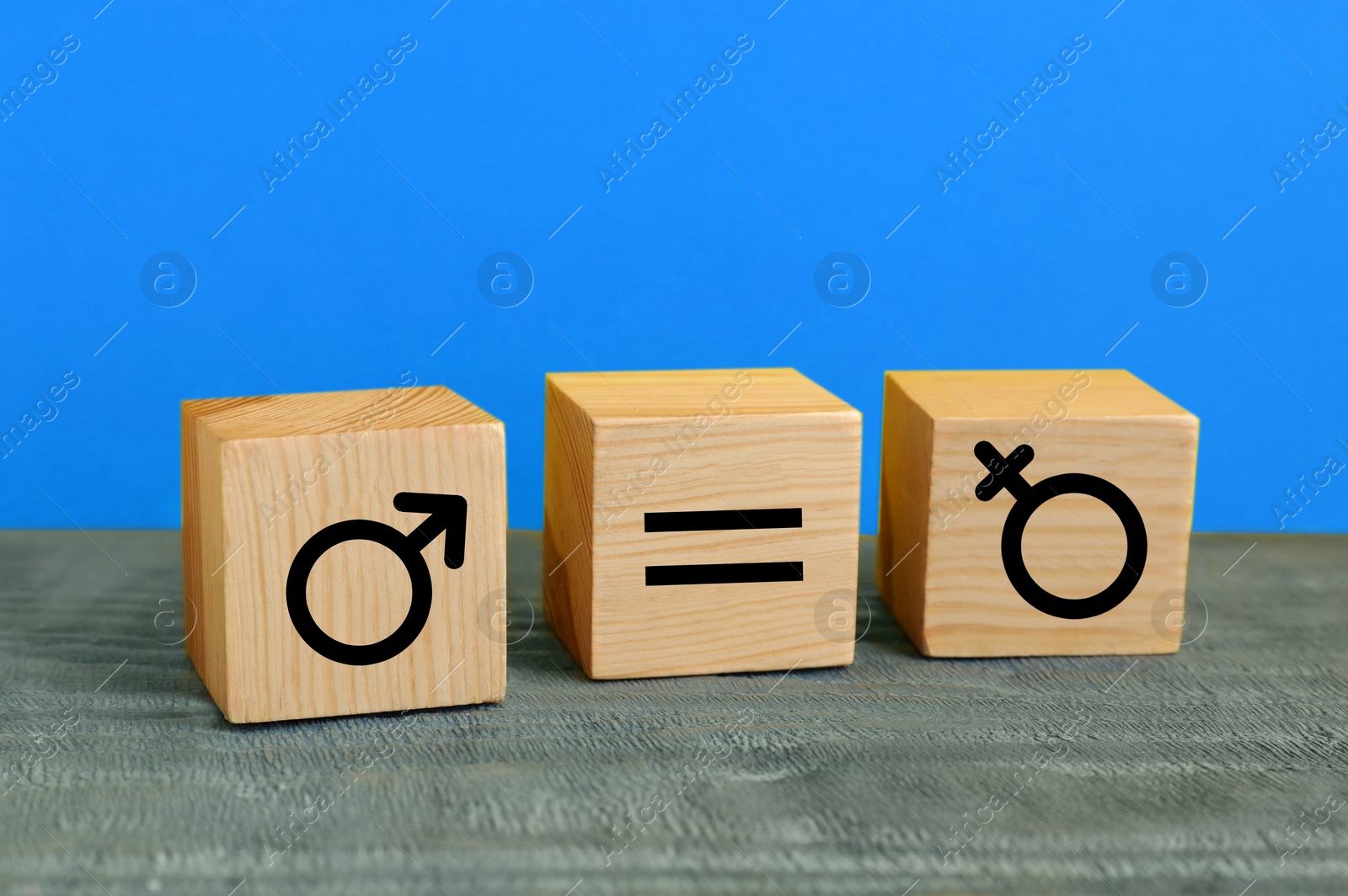 Image of Cube with equals sign between female and male gender symbols on blue background