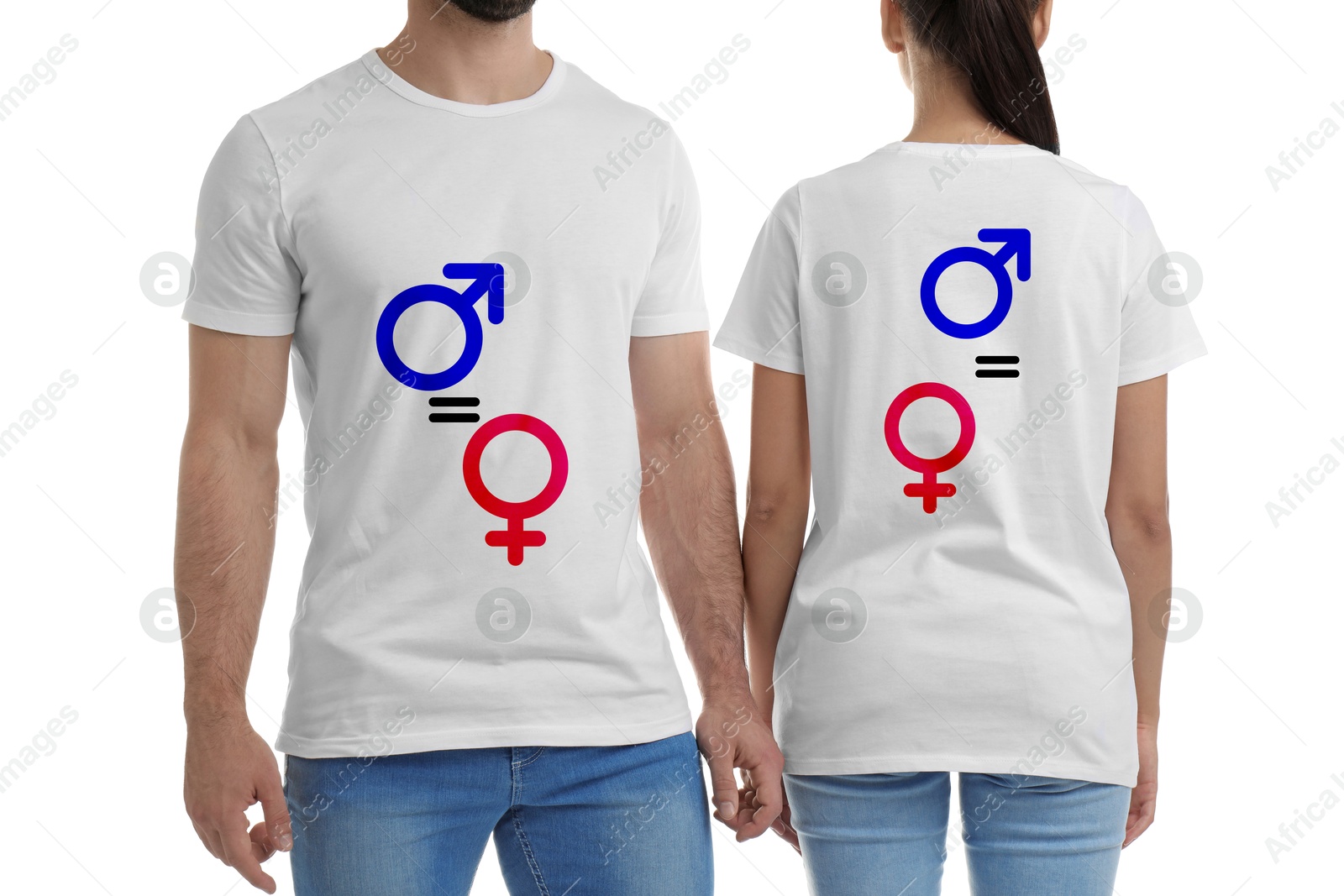 Image of Equation with male and female gender signs on t-shirts. Man and woman wearing clothes with print on white background, closeup