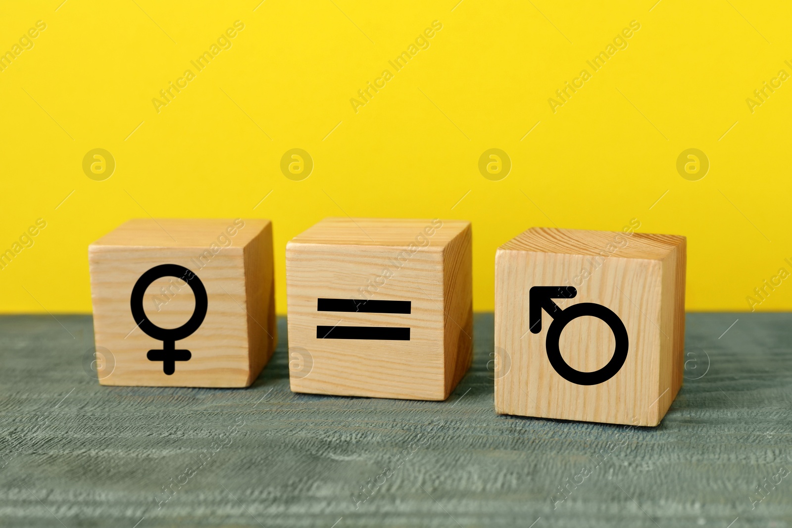 Image of Cube with equals sign between female and male gender symbols on yellow background