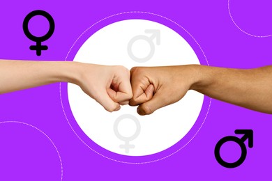 Image of Gender equality concept. Man and woman making fist bump on color background