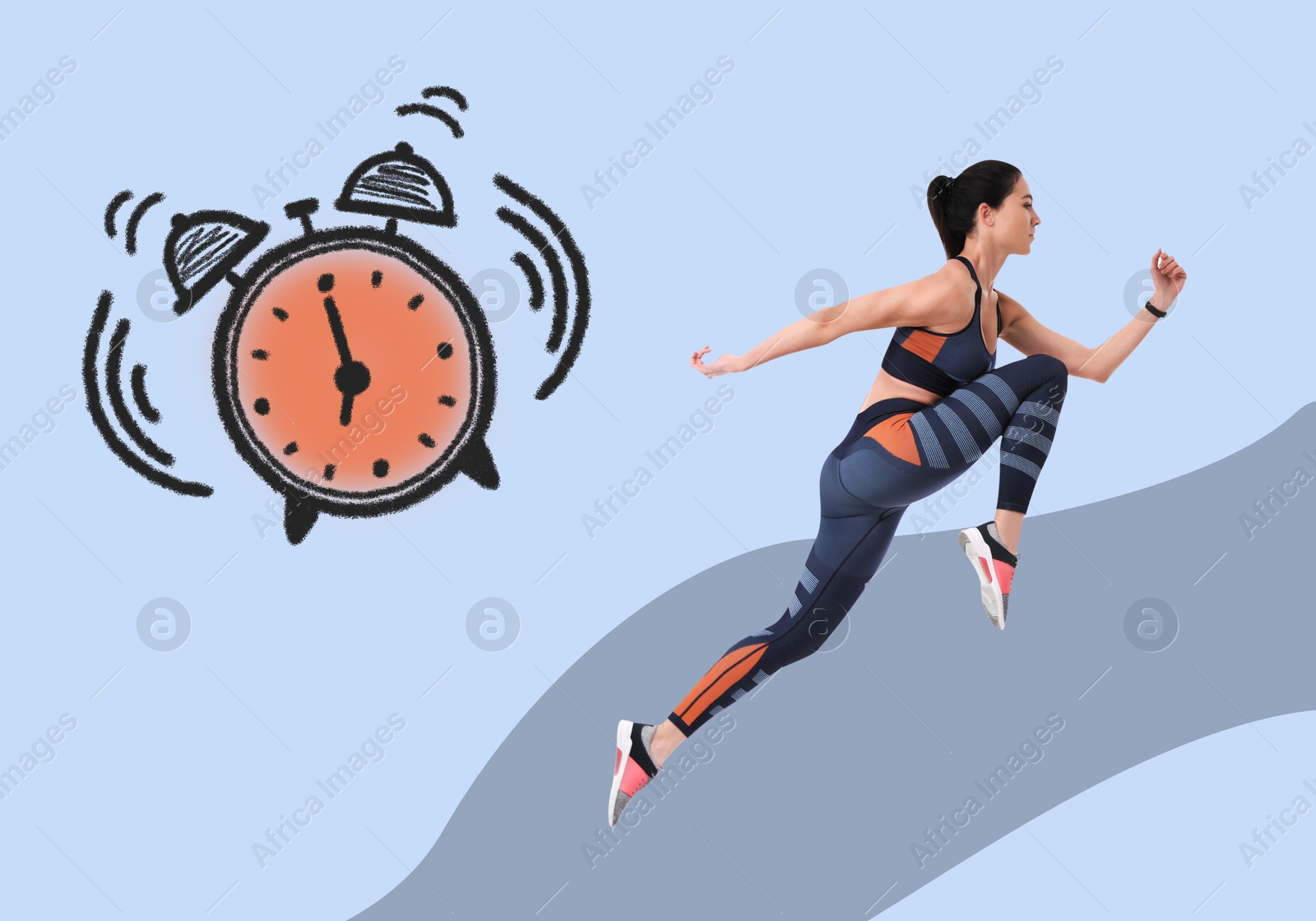 Image of Athletic woman running away from illustration of alarm clock on color background. Time concept