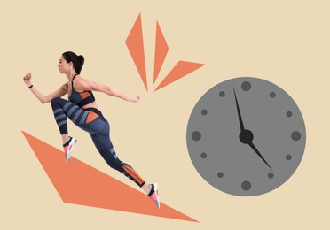 Athletic woman running away from illustration of clock on color background. Time concept